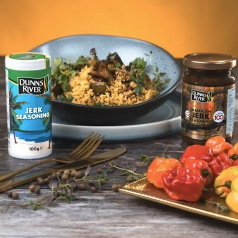RECIPE IMAGE Jerk Spiced Couscous with product packs
